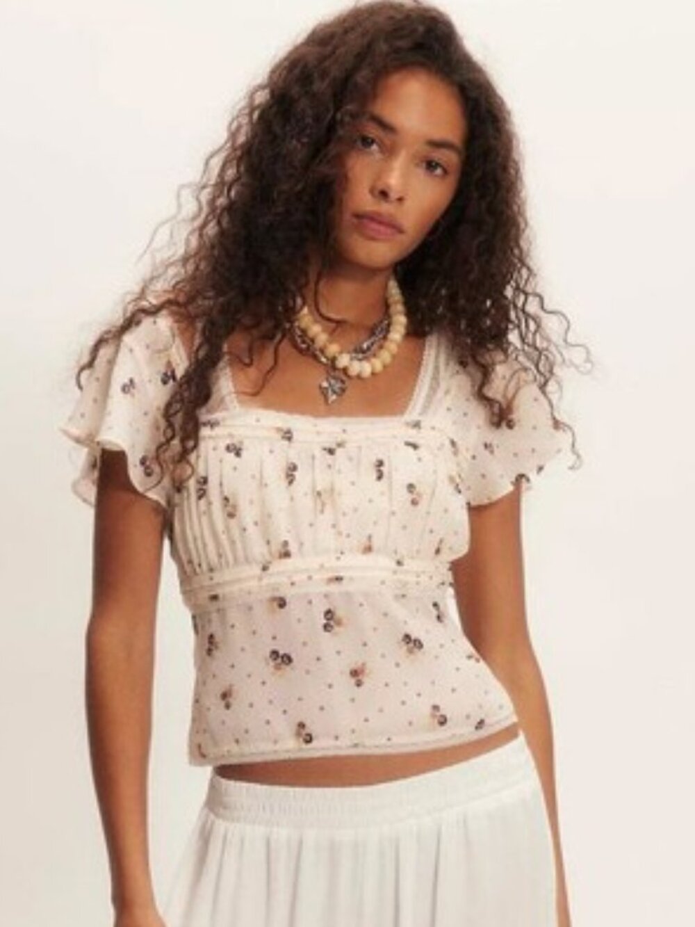 Free People Ivory Smocked Floral Field Top Medium
